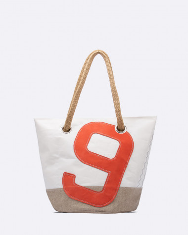 Handtasche Sandy · Leinen und Korallenrot Leder